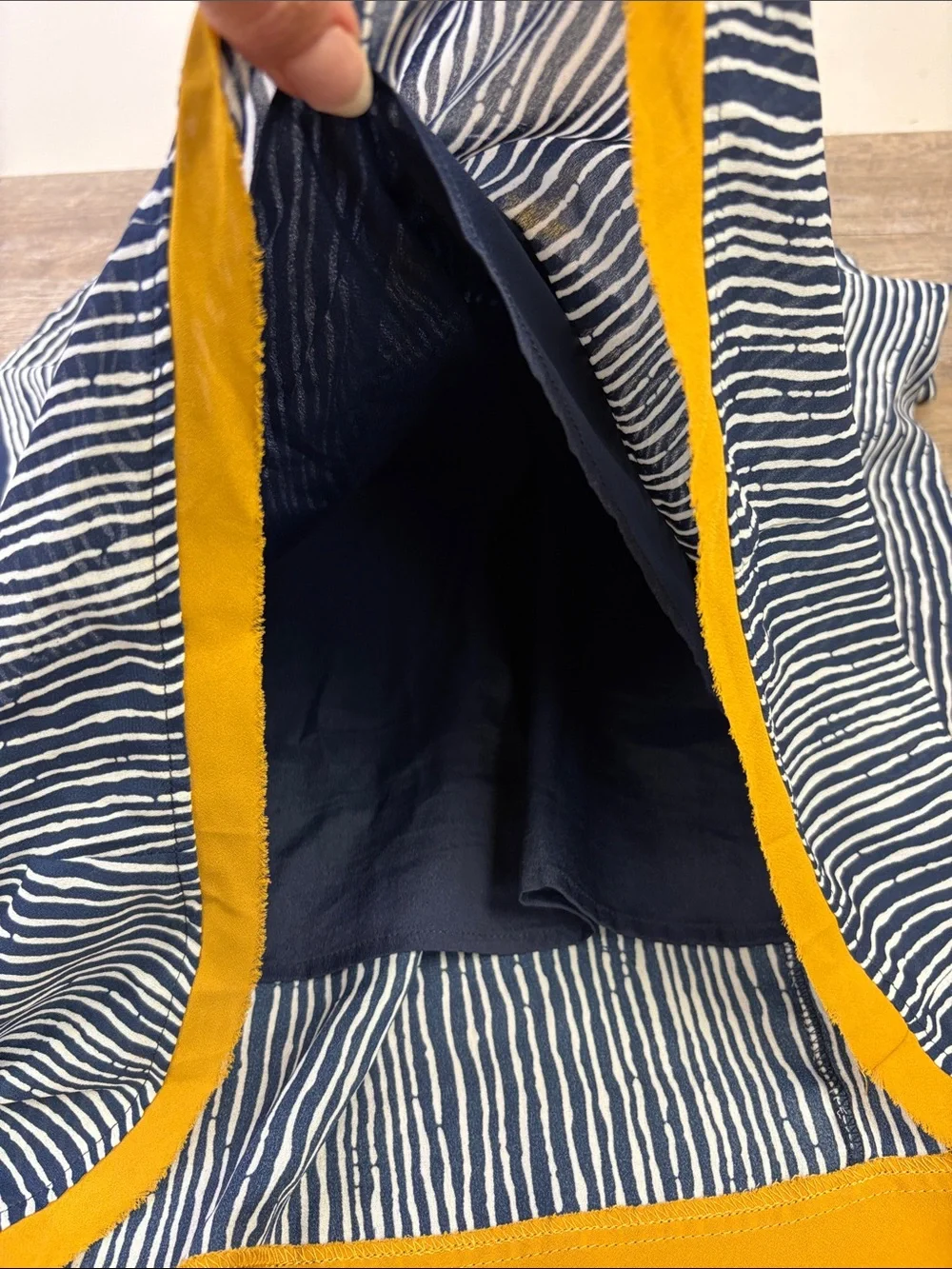THML Embroidered Striped Shift Dress Navy & White with Mustard Embroidery Medium - Picture 7 of 12